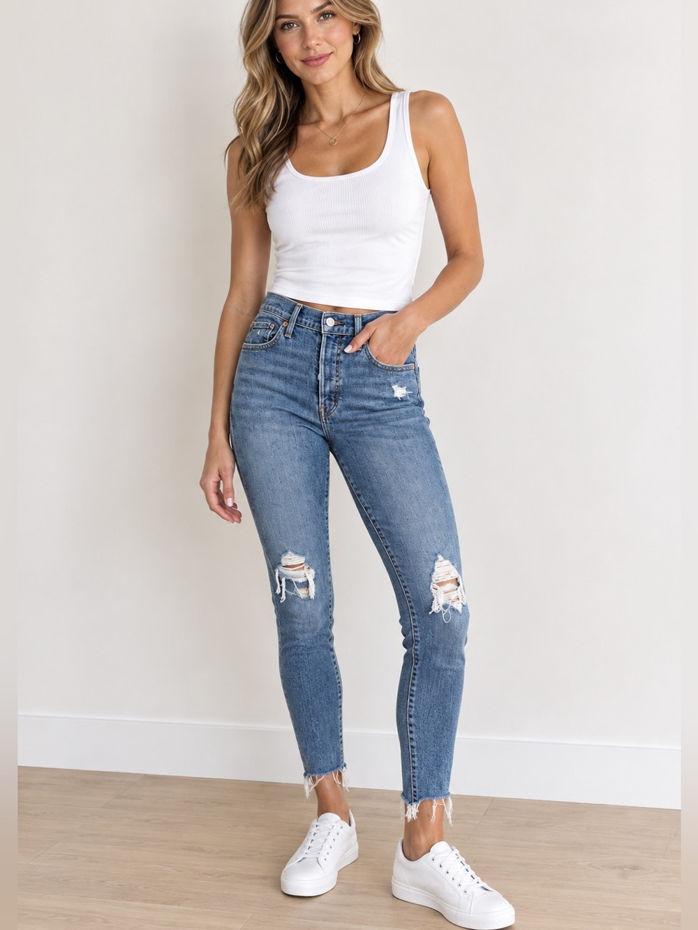 Levi’s Wedgie Skinny Jeans • High Rise Button Fly • Distressed Medium Wash.